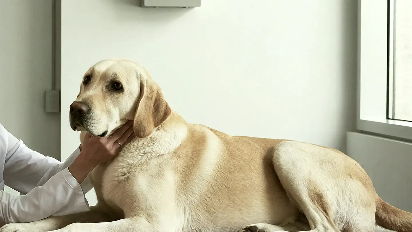 Labrador de hocico canoso descansando la cabeza sobre una superficie de roble, con la mano de su veterinaria en el cuello