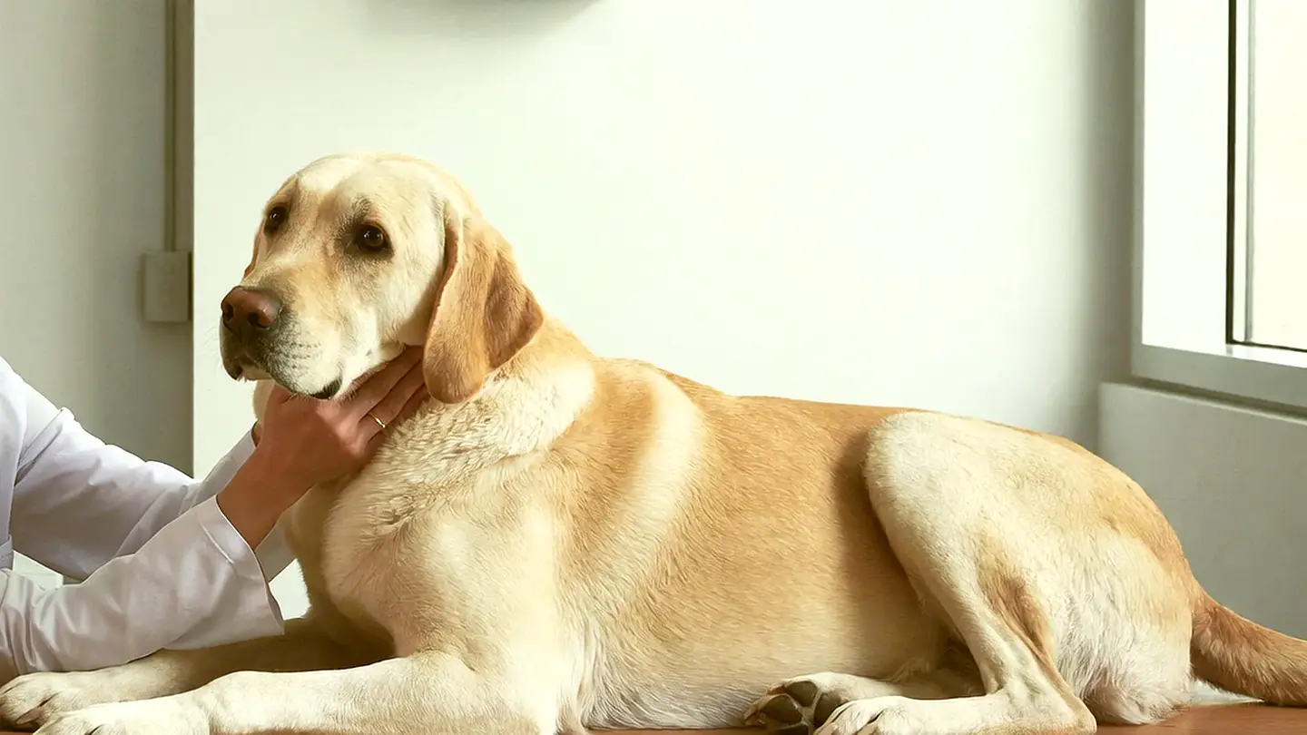 El mismo labrador, alerta y bañado en luz cálida junto a la ventana