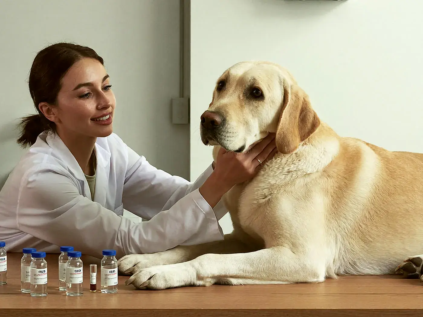 Una tutora acaricia el cuello de su labrador senior