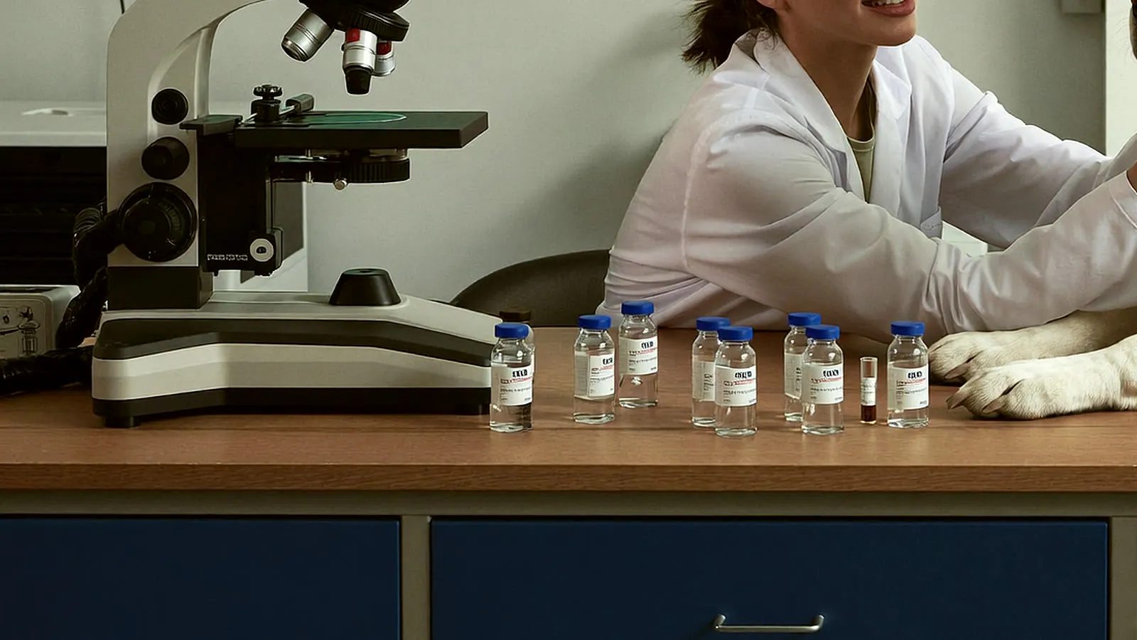 Banco de laboratorio con microscopio y viales de solución peptídica