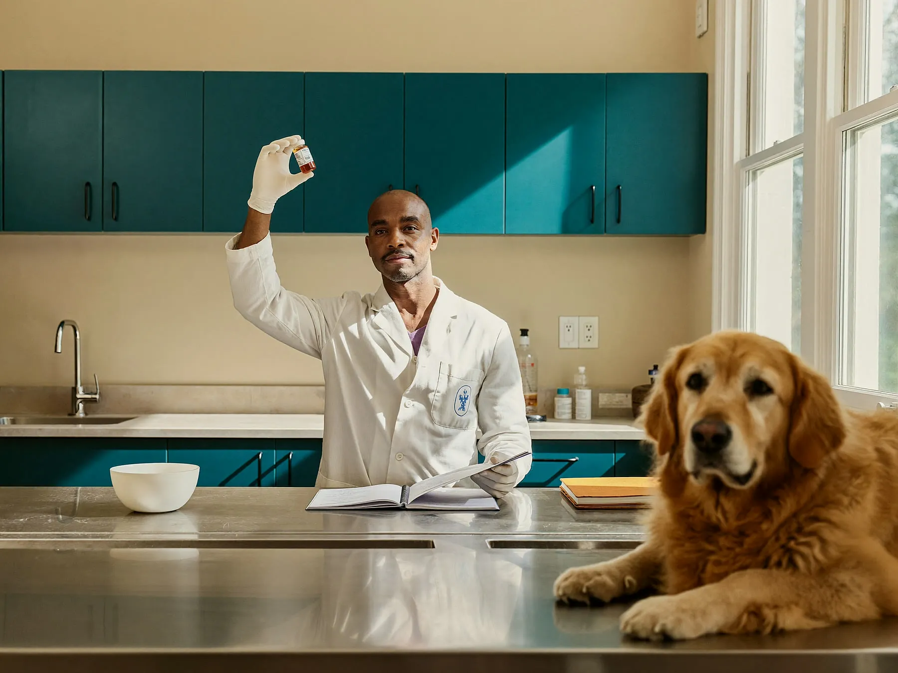 Un veterinario sostiene un vial de péptido a contraluz junto a un golden retriever